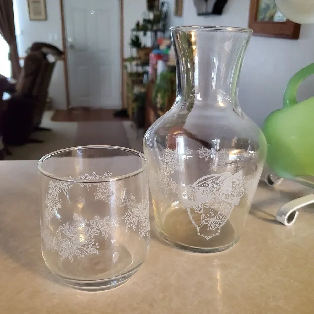 VTG Clear Glass Etched Bedside Carafe Decanter Water Glass Tumbler Set